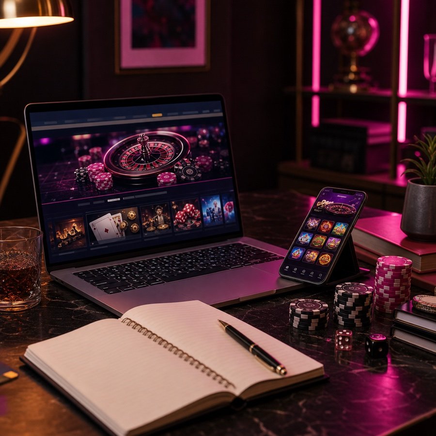 Kiss918 blog guide desk with casino chips, notebook and mobile casino interface